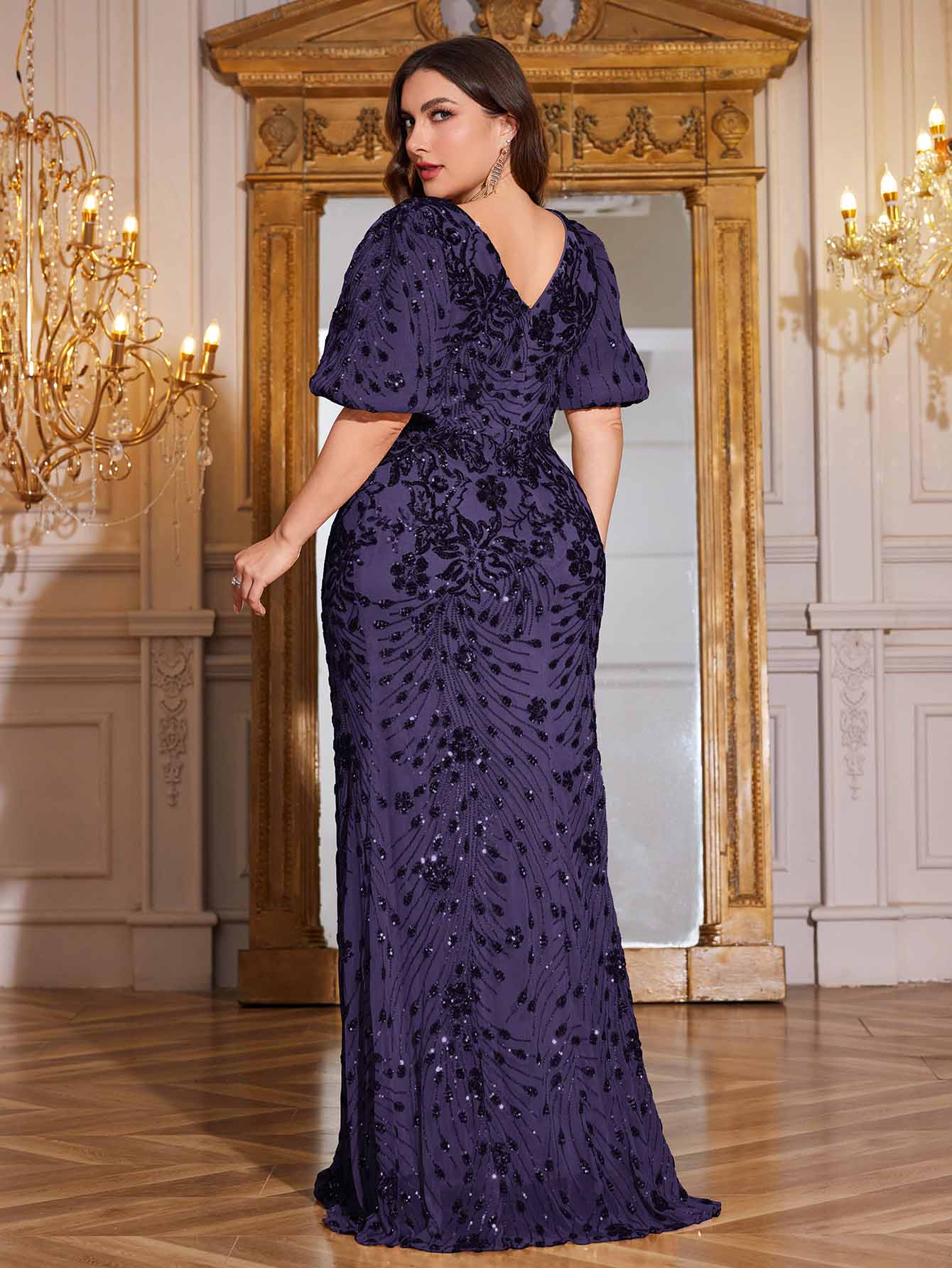 Navy Blue Sequin Puff Short Sleeve Mermaid Plus Size Evening Gown