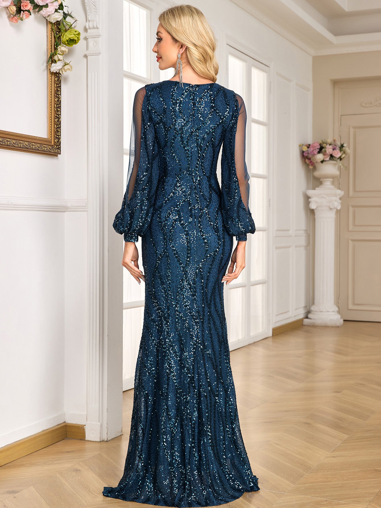 Navy Sequin Mesh Puff Sleeve Mermaid Evening Gown