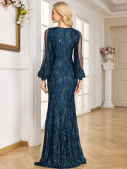 Navy Sequin Mesh Puff Sleeve Mermaid Evening Gown