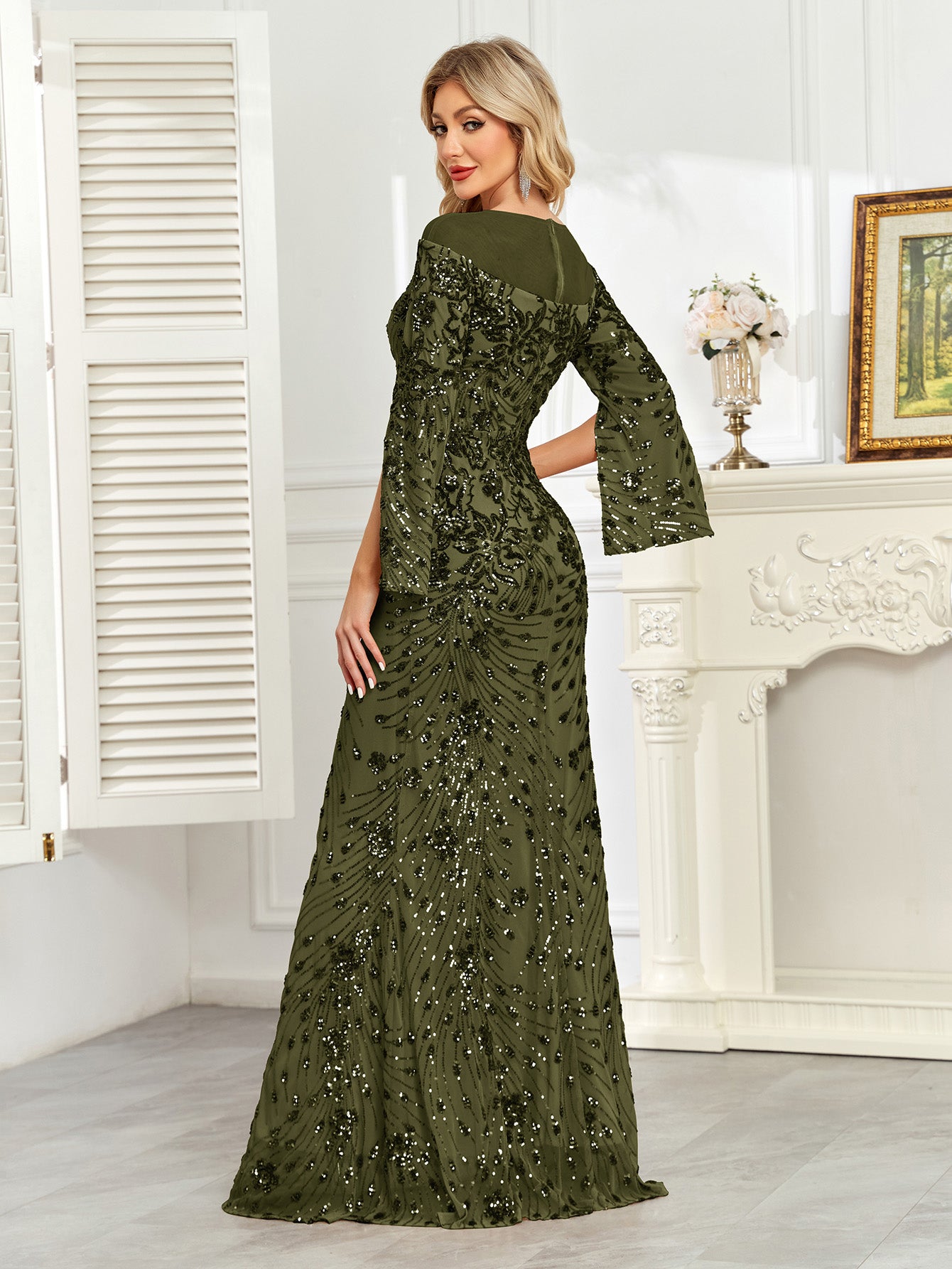 Royal Blue Sequin Split Flare‑Sleeve Mermaid Evening Gown