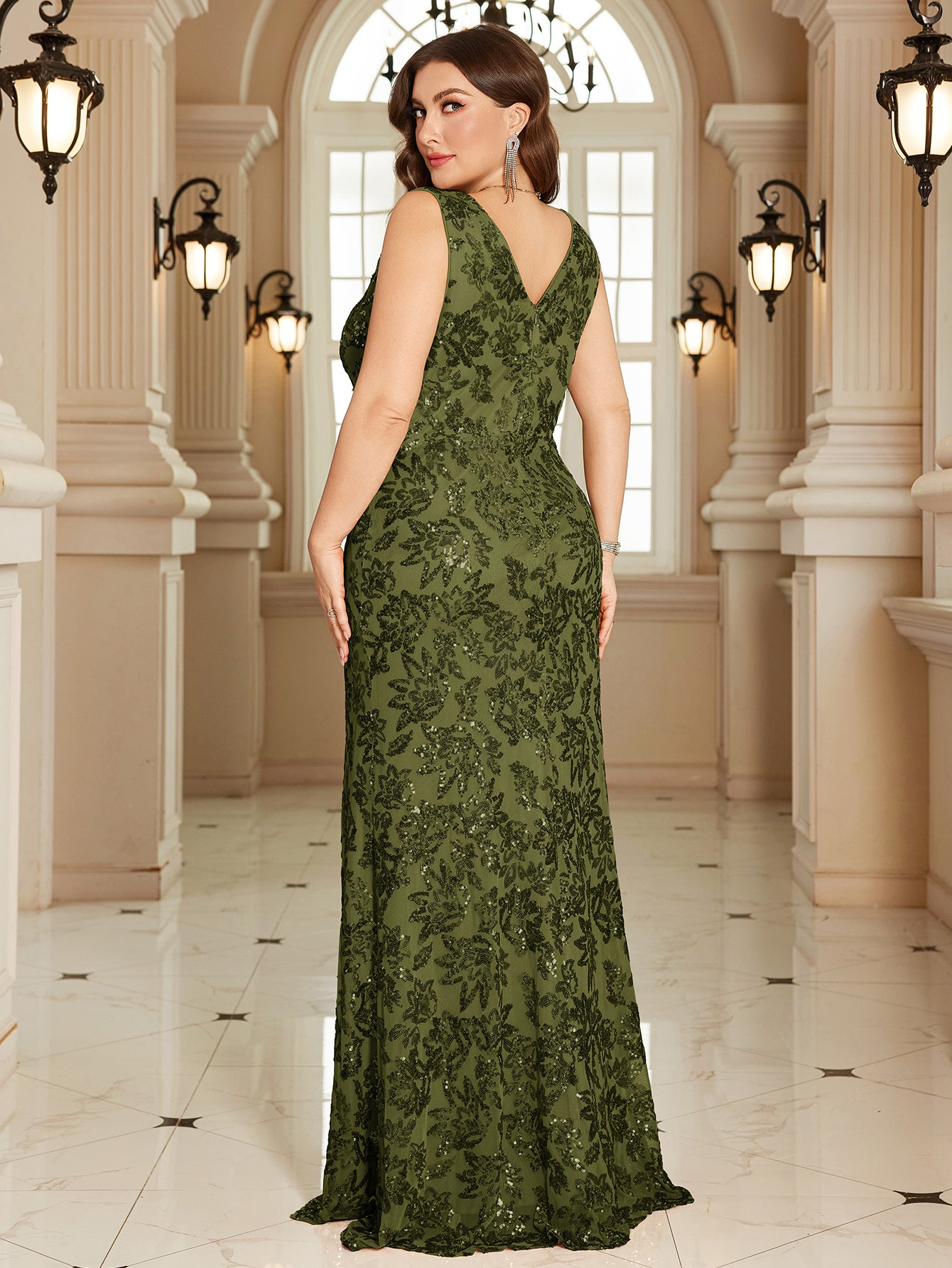 Navy Blue Floral Sequin Sleeveless Slit A‑Line Maxi Gown