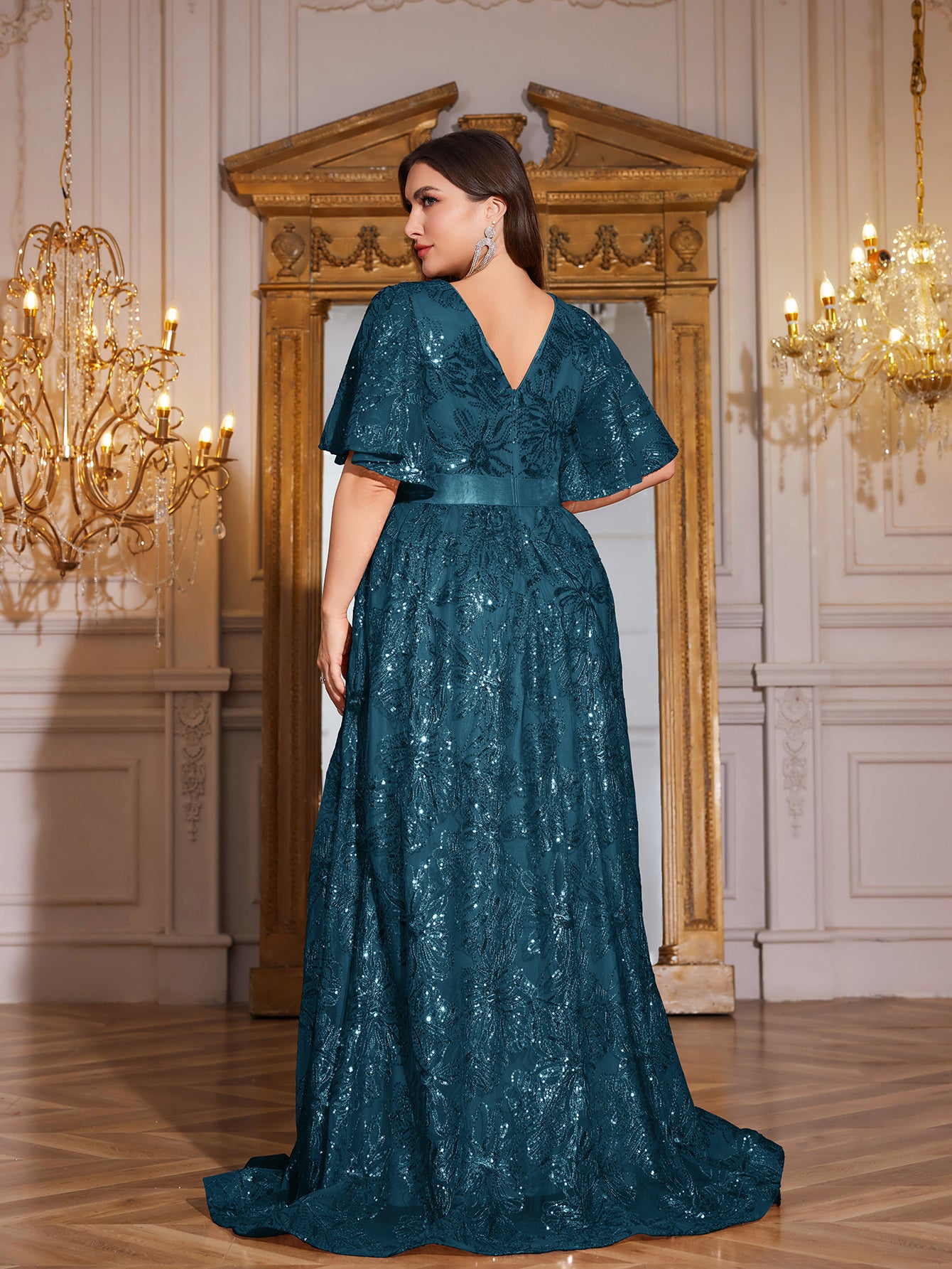 Rose Gold Sequin Flutter Sleeve Empire Waist A‑Line Plus Size Evening Gown