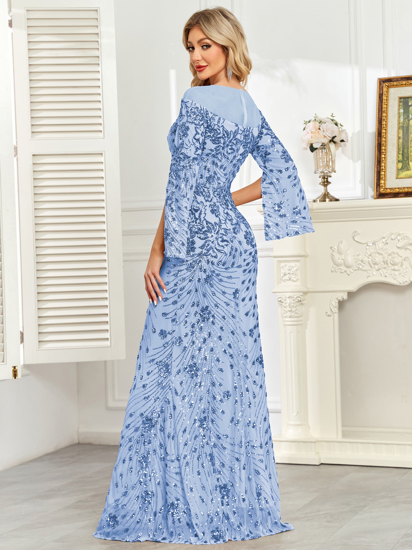 Royal Blue Sequin Split Flare‑Sleeve Mermaid Evening Gown