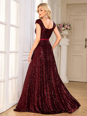Burgundy Sequin Square Neck Cap Sleeve A Line Evening Gown