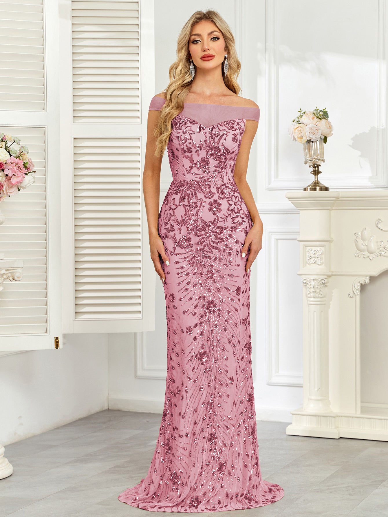 Royal Blue Sequin Off‑Shoulder Mermaid Evening Gown