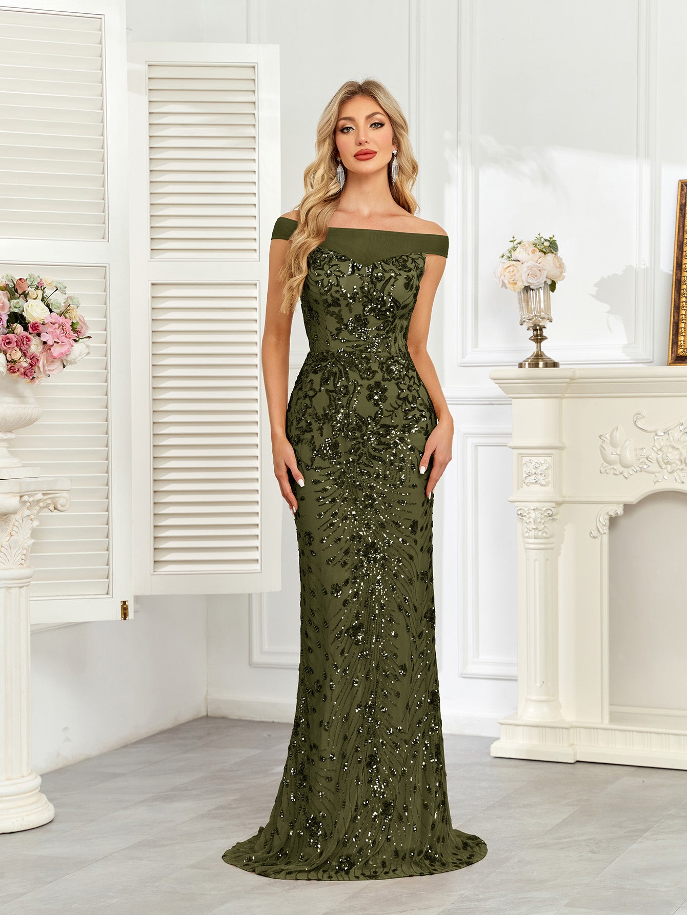 Royal Blue Sequin Off‑Shoulder Mermaid Evening Gown