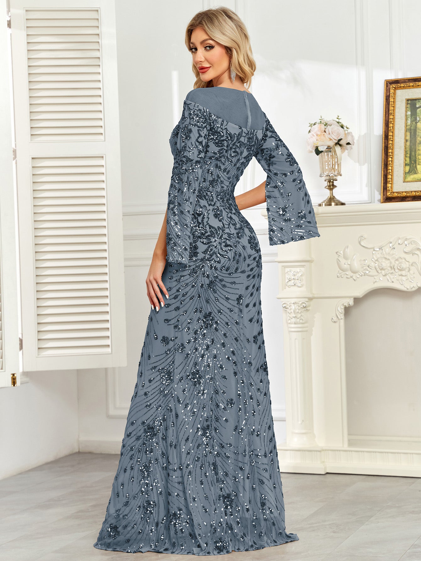 Royal Blue Sequin Split Flare‑Sleeve Mermaid Evening Gown