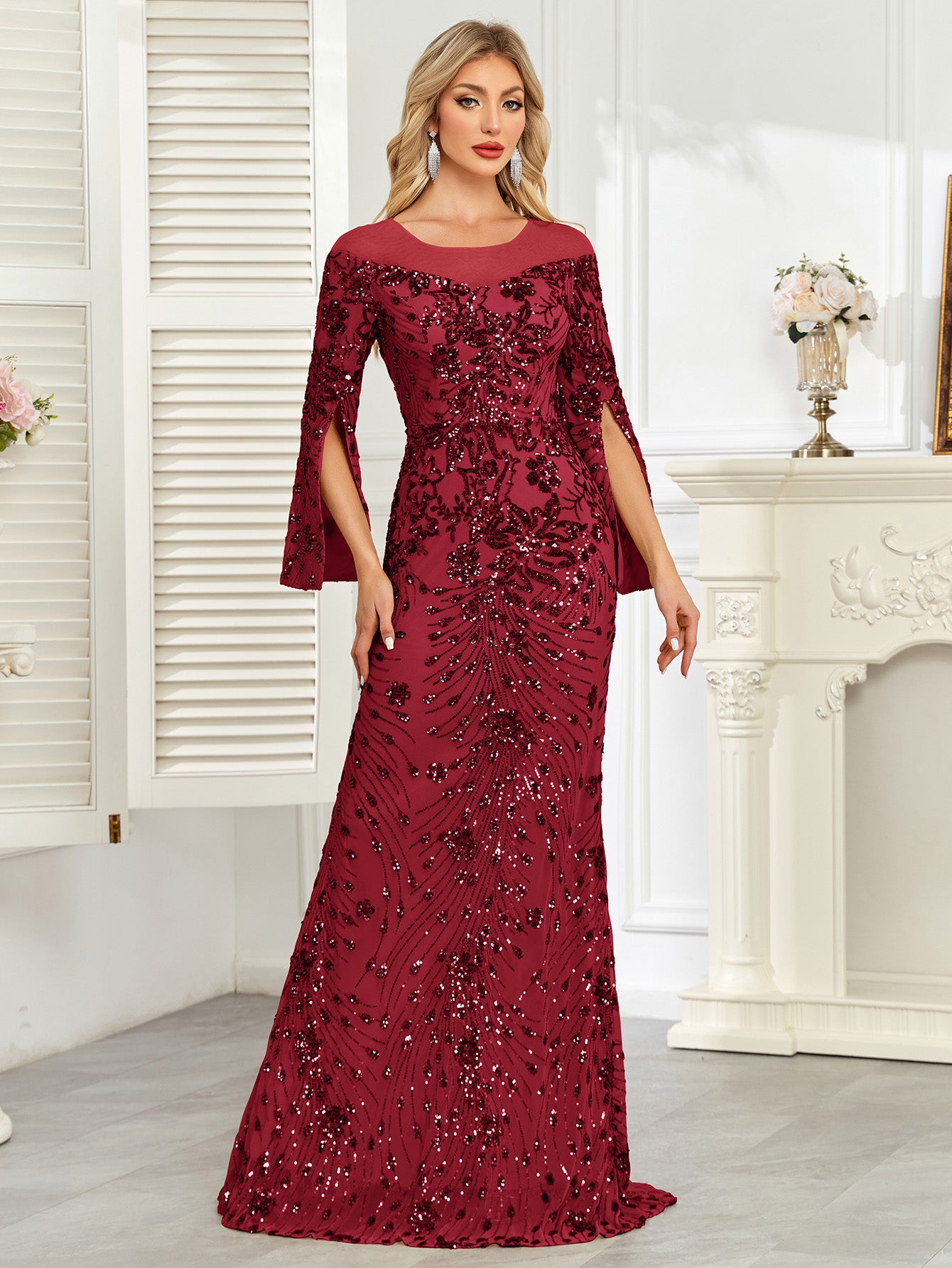 Royal Blue Sequin Split Flare‑Sleeve Mermaid Evening Gown