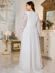 White Lace Long‑Sleeve High‑Waist A‑Line Plus‑Size Evening Gown
