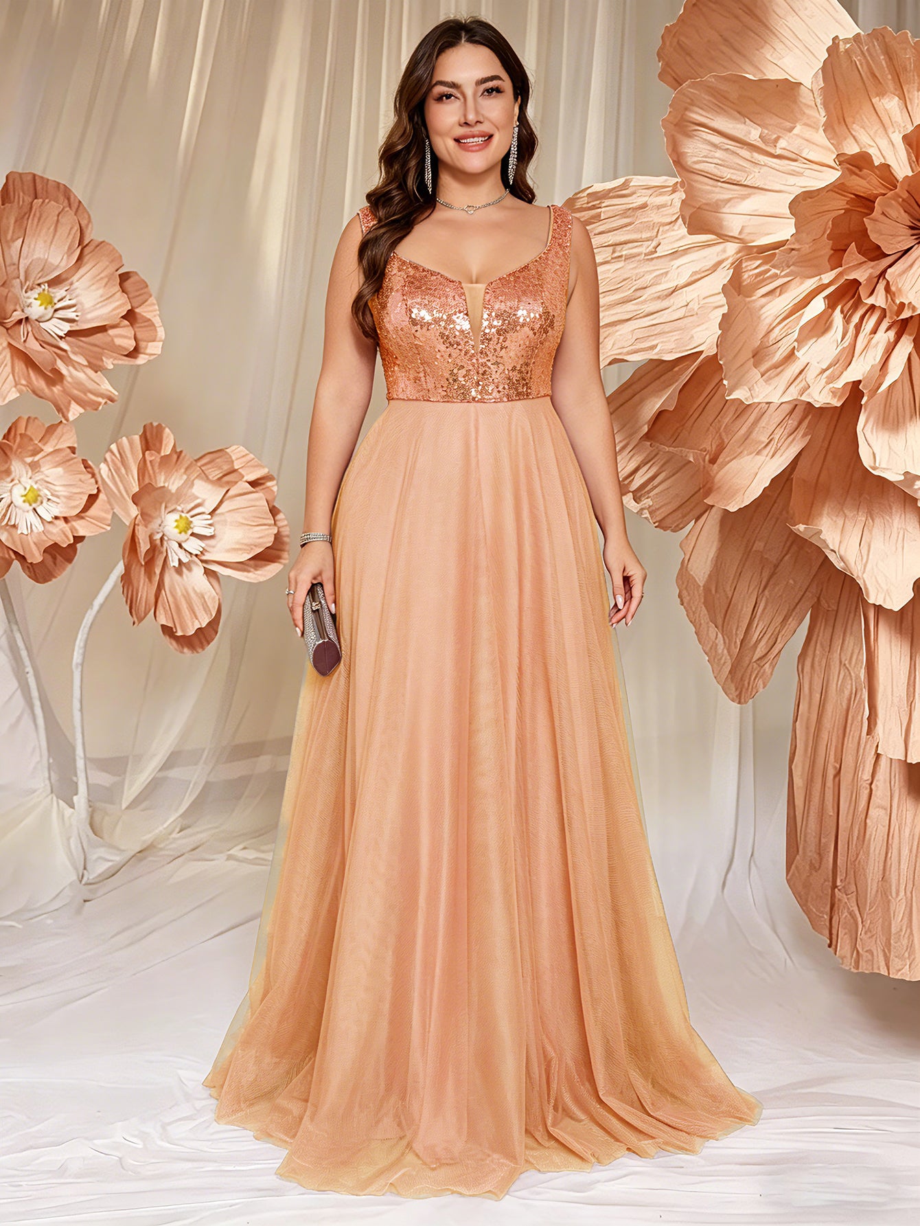 V-neck Long Sleeveless Sequined Embroidered Dress