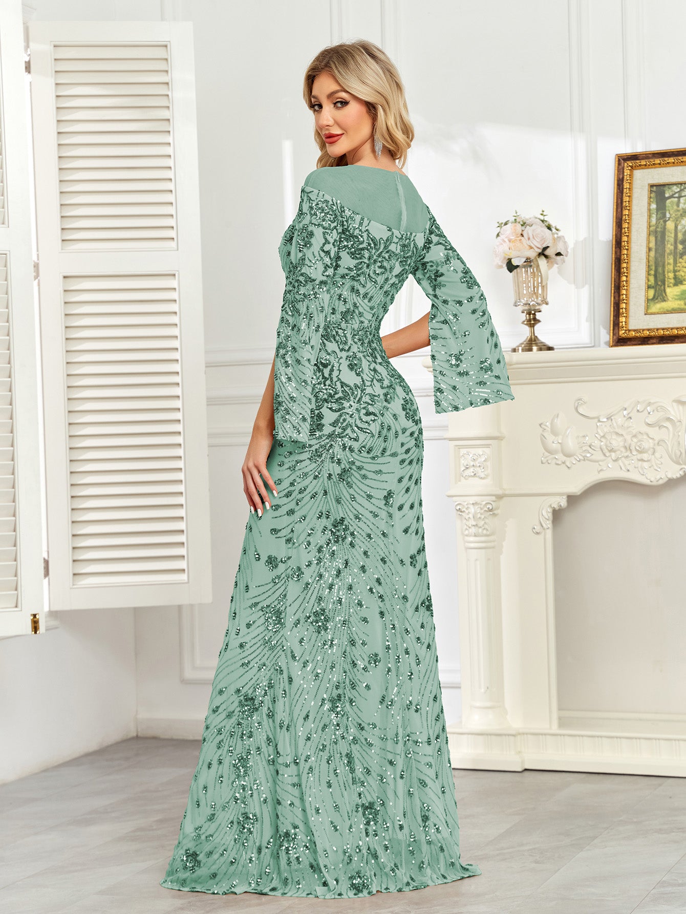 Royal Blue Sequin Split Flare‑Sleeve Mermaid Evening Gown