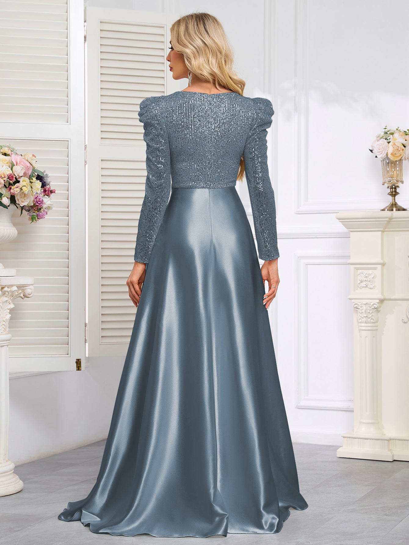 Dark Blue Satin Sequin Maxi Dress