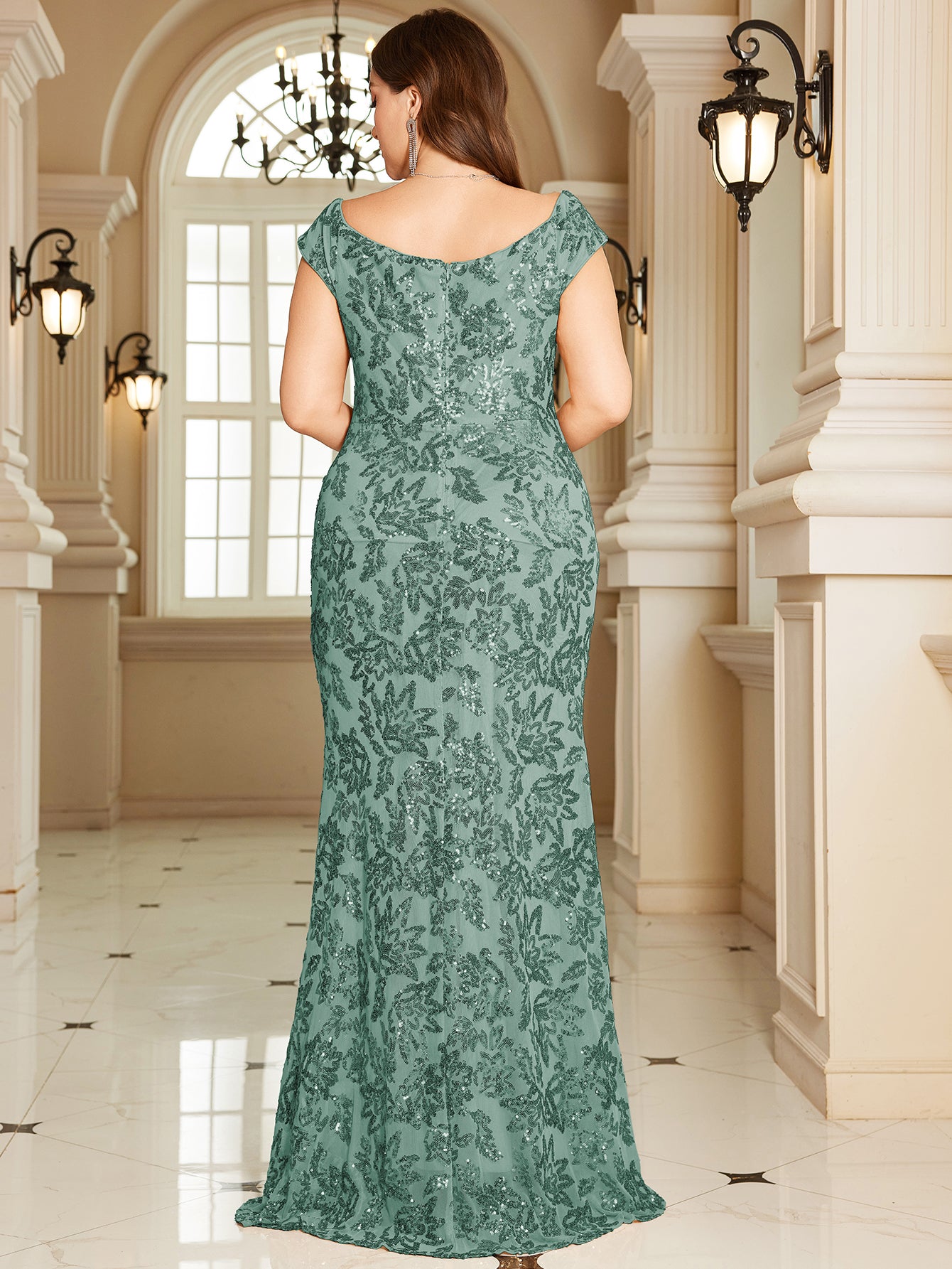 Navy Blue Floral Sequin Off‑Shoulder Sheath Maxi Gown