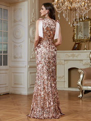 Rose Gold Sequin Bow Strap V‑Neck Mermaid Evening Gown