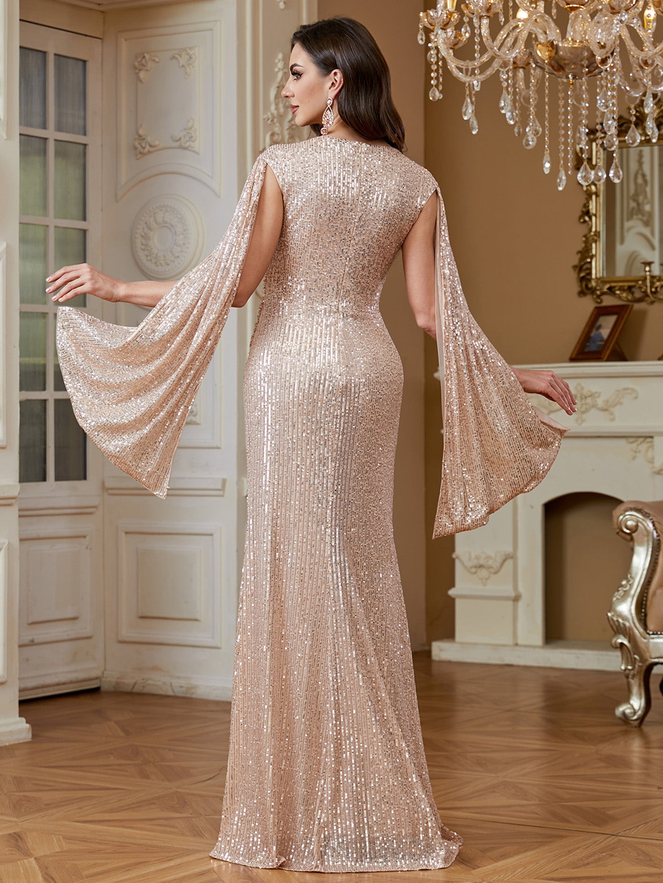 Champagne Pink Sequin Cape Sleeve V‑Neck Mermaid High Slit Evening Gown