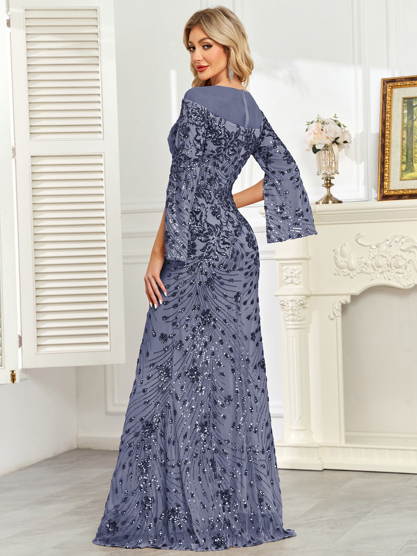 Royal Blue Sequin Split Flare‑Sleeve Mermaid Evening Gown