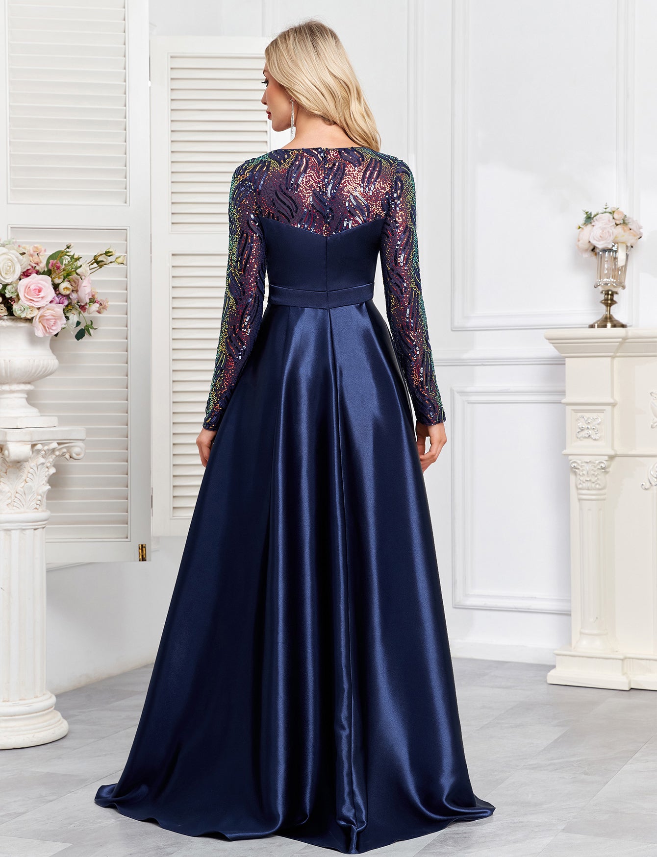 Navy Blue Embroidered Long Sleeve A-Line Satin Plus Size Evening Gown