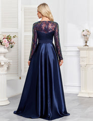 Navy Blue Embroidered Long Sleeve A-Line Satin Plus Size Evening Gown
