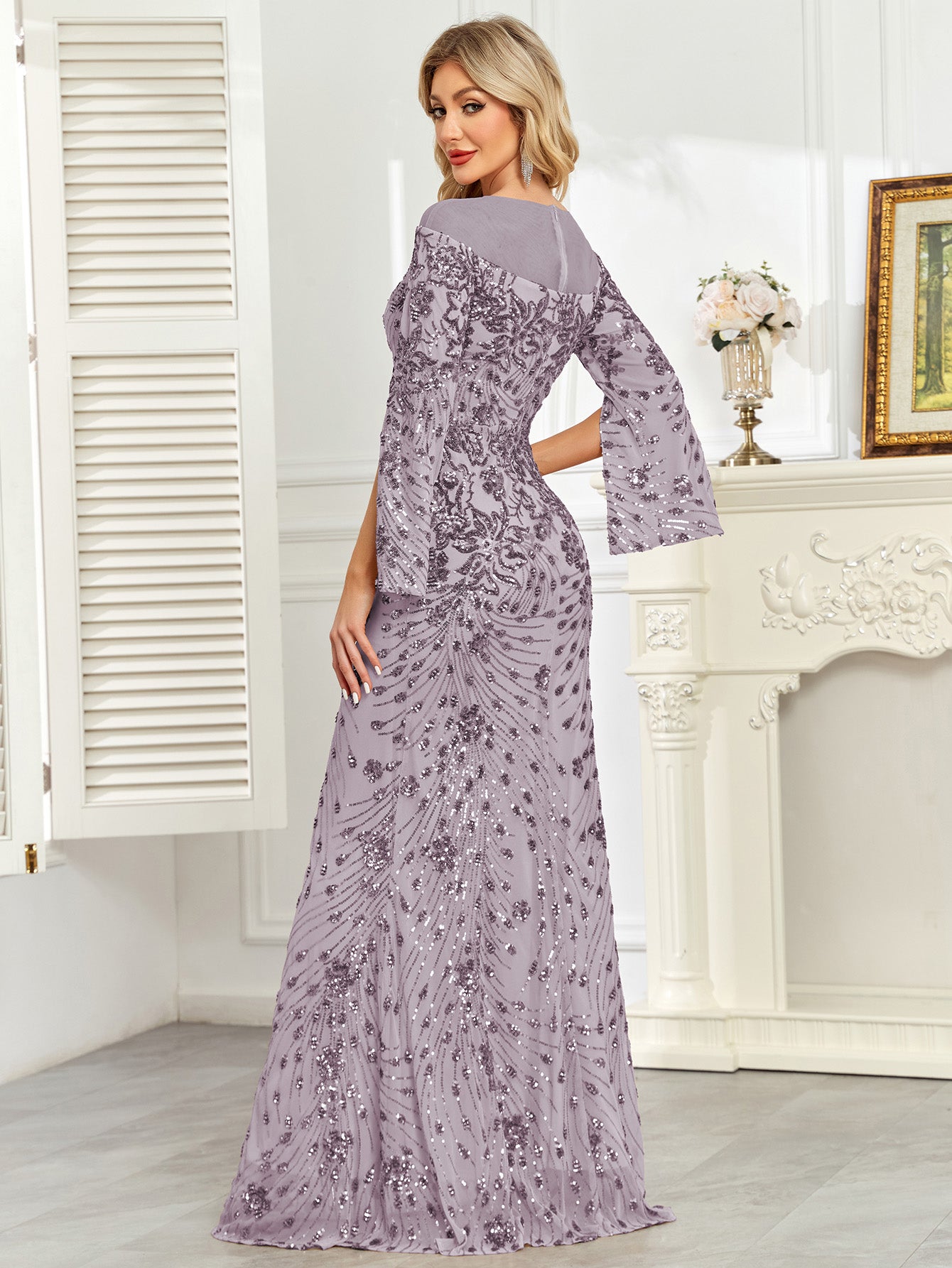 Royal Blue Sequin Split Flare‑Sleeve Mermaid Evening Gown