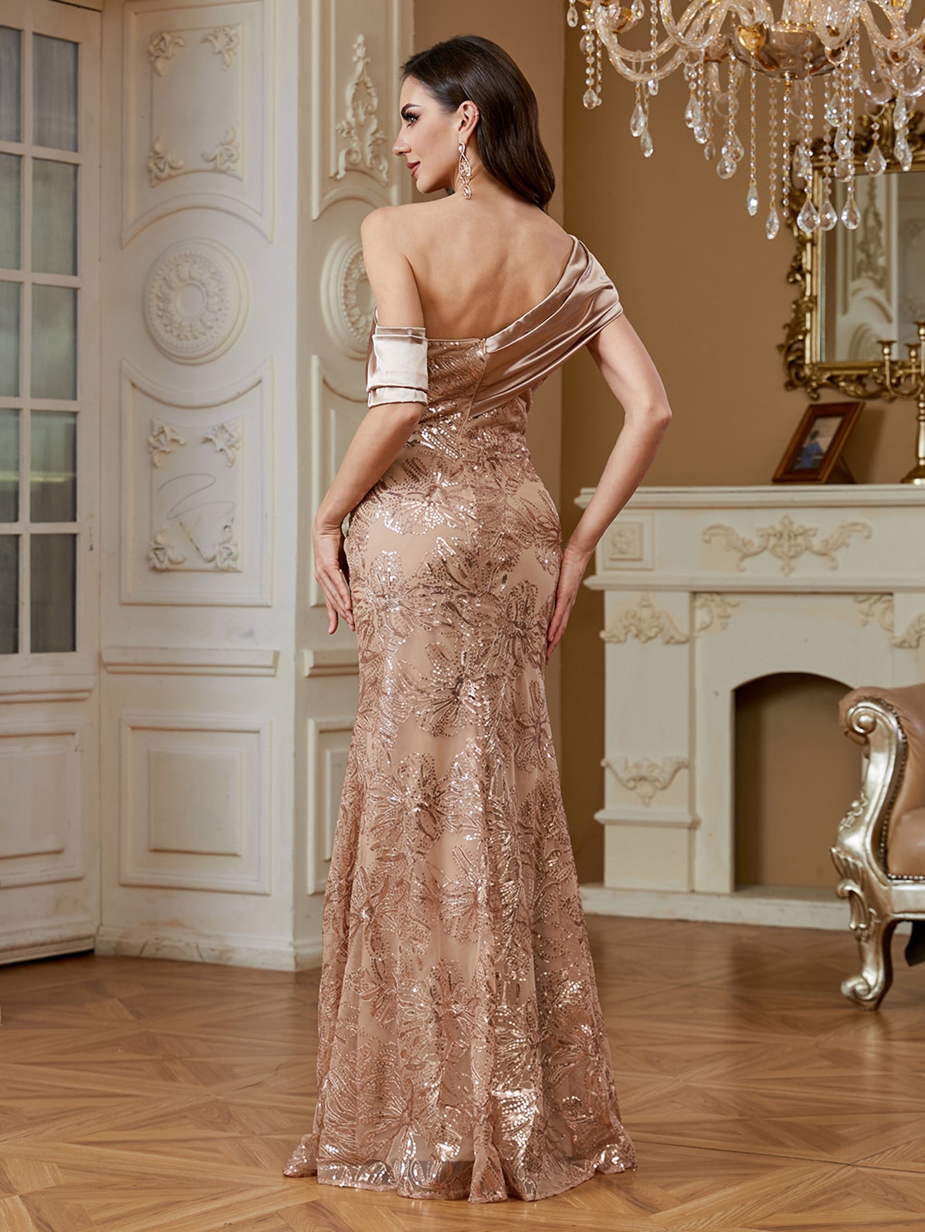 Elegant sequined patchwork design with open back  Zippered backless design