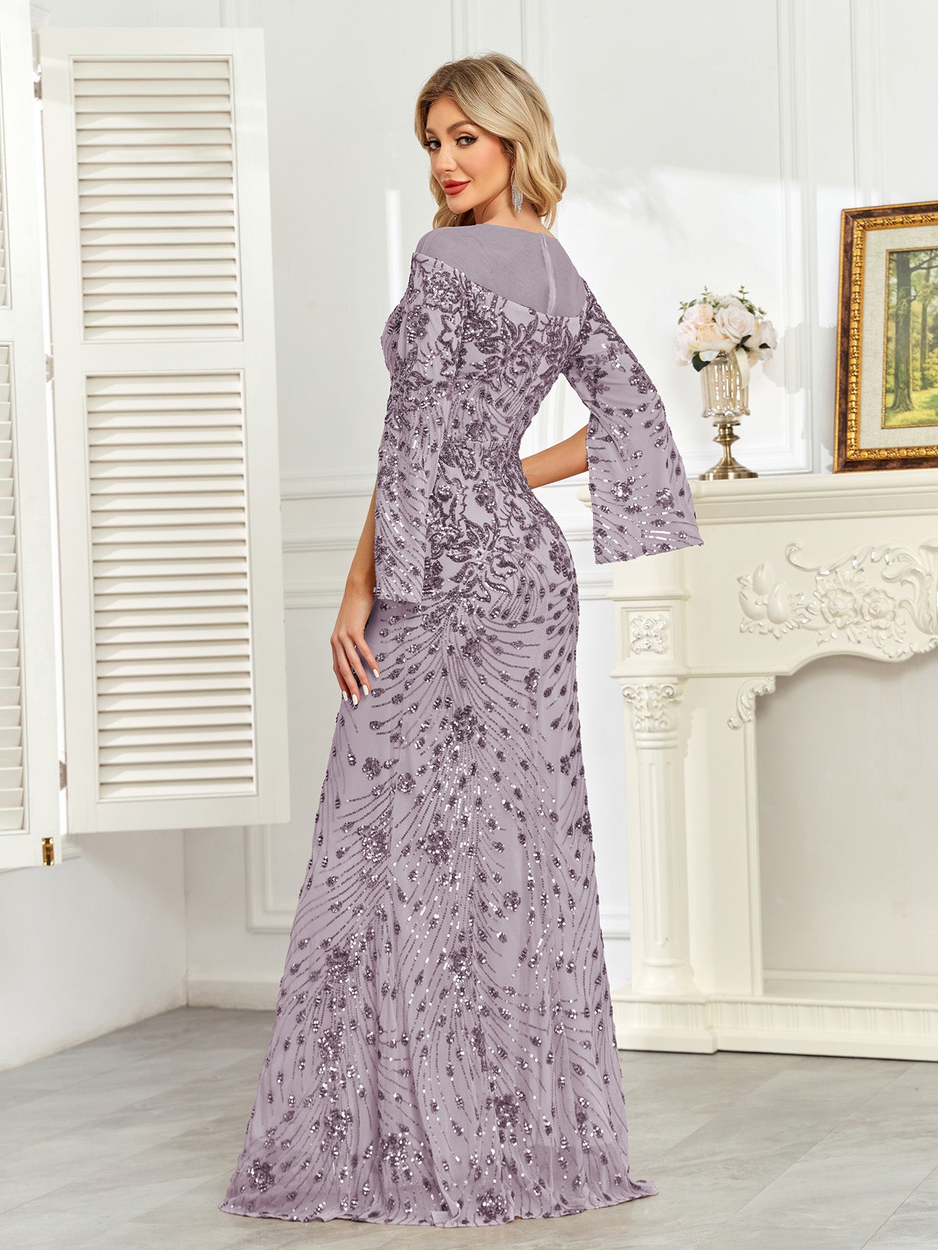 Royal Blue Sequin Split Flare‑Sleeve Mermaid Evening Gown