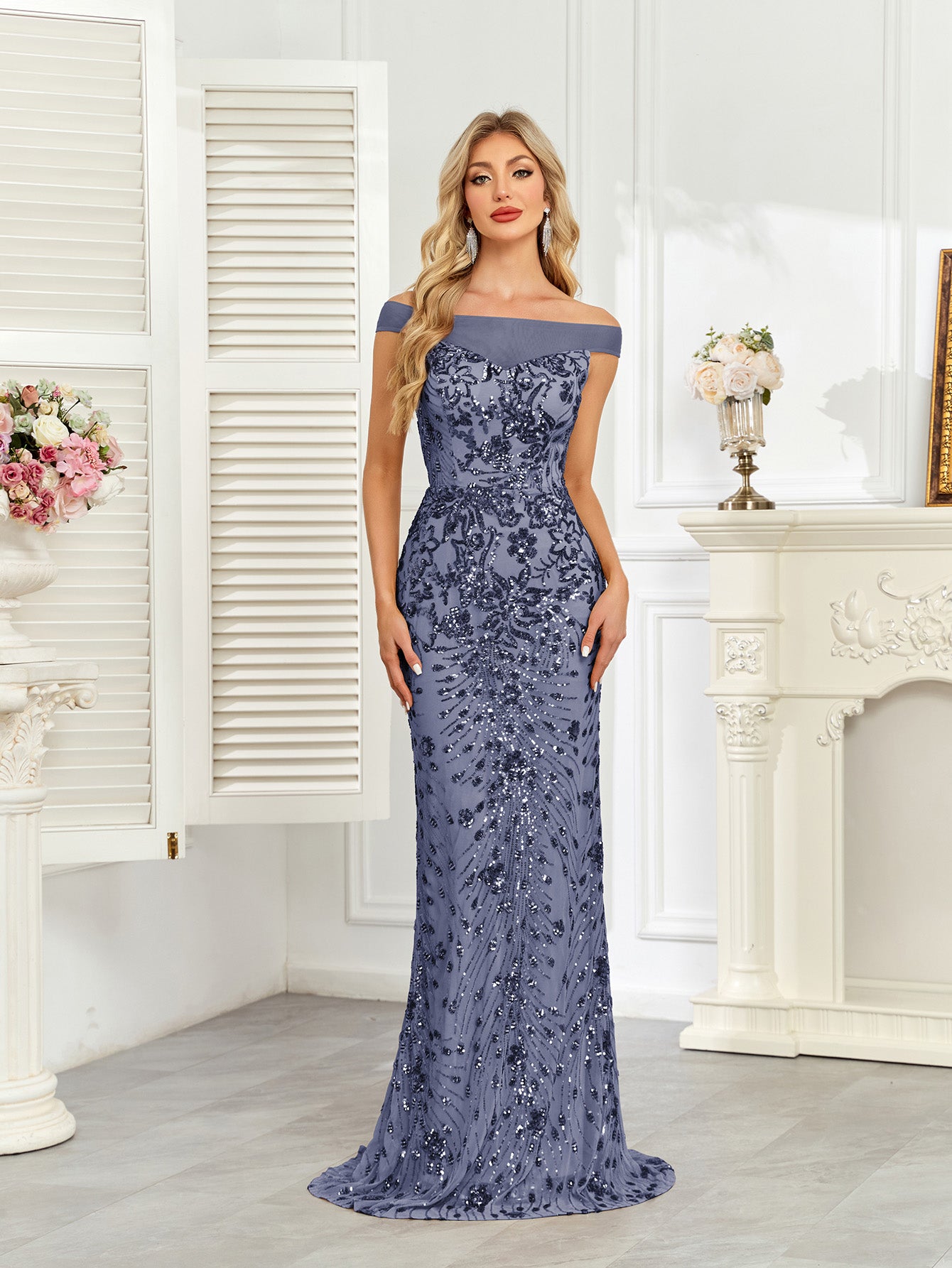 Royal Blue Sequin Off‑Shoulder Mermaid Evening Gown