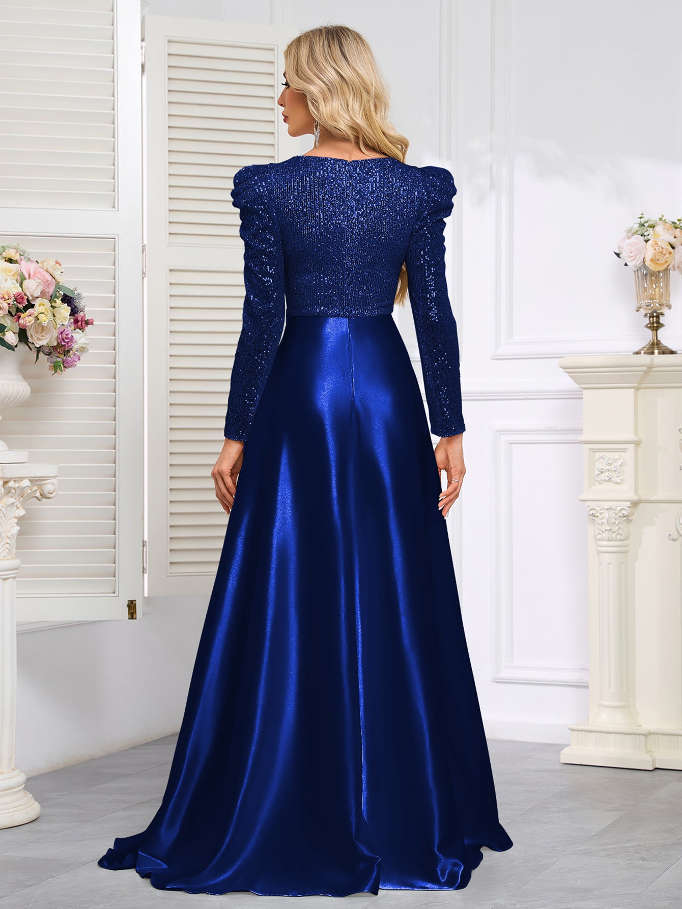 Dark Blue Satin Sequin Maxi Dress