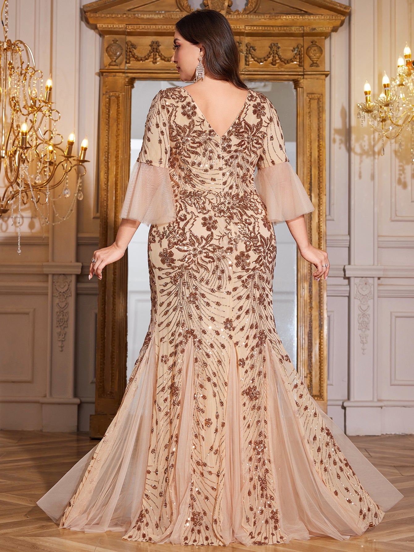 Bronze Gold Floral Sequin 3/4 Bell Sleeve Mesh Mermaid Plus Size Evening Gown