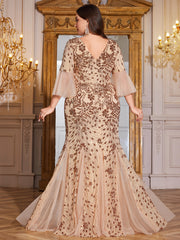 Bronze Gold Floral Sequin 3/4 Bell Sleeve Mesh Mermaid Plus Size Evening Gown