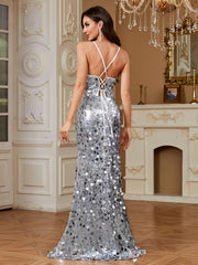Silver Mixed Sequin Spaghetti Strap Mermaid Evening Gown