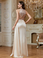 Sequin Halter Satin Evening Gown with Thigh-High Slit