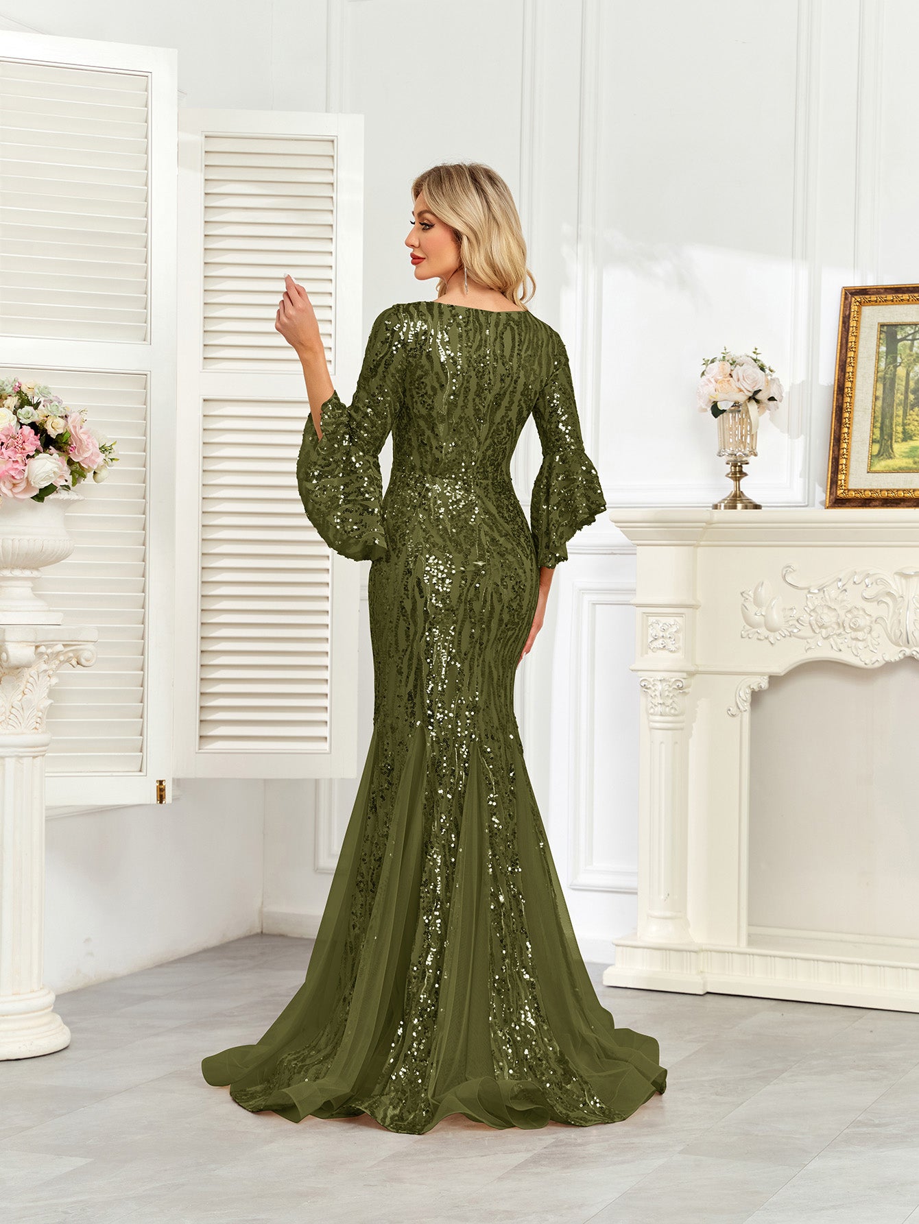 Champagne Gold Sequin Bell Sleeve Mermaid Evening Gown