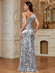 Silver Mixed Sequin One Shoulder Mermaid Evening Gown