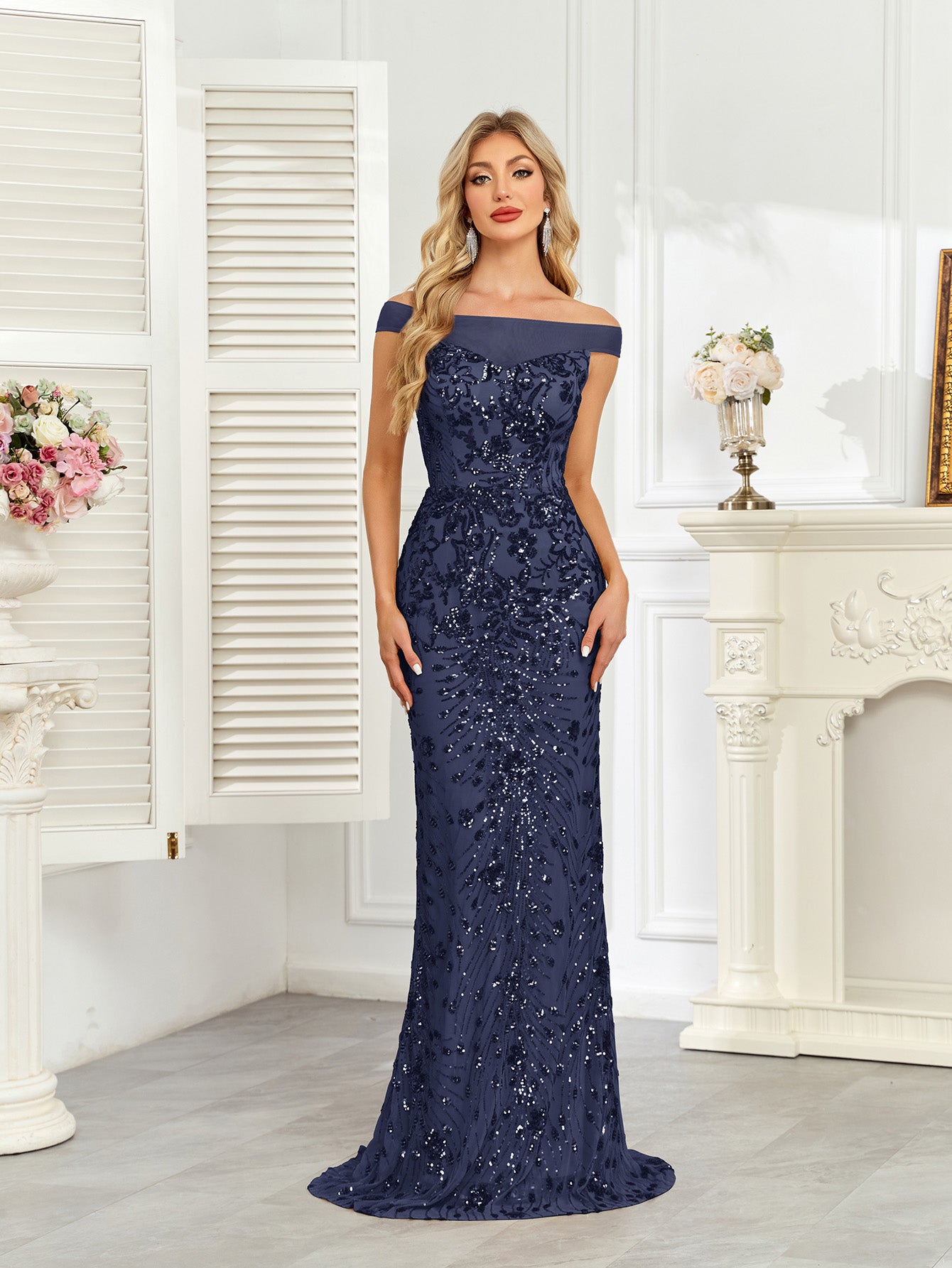 Royal Blue Sequin Off‑Shoulder Mermaid Evening Gown