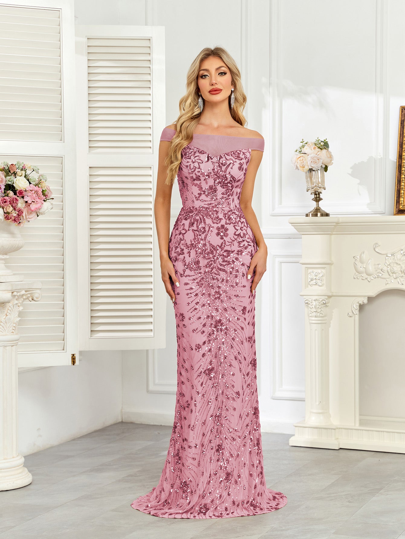 Royal Blue Sequin Off‑Shoulder Mermaid Evening Gown