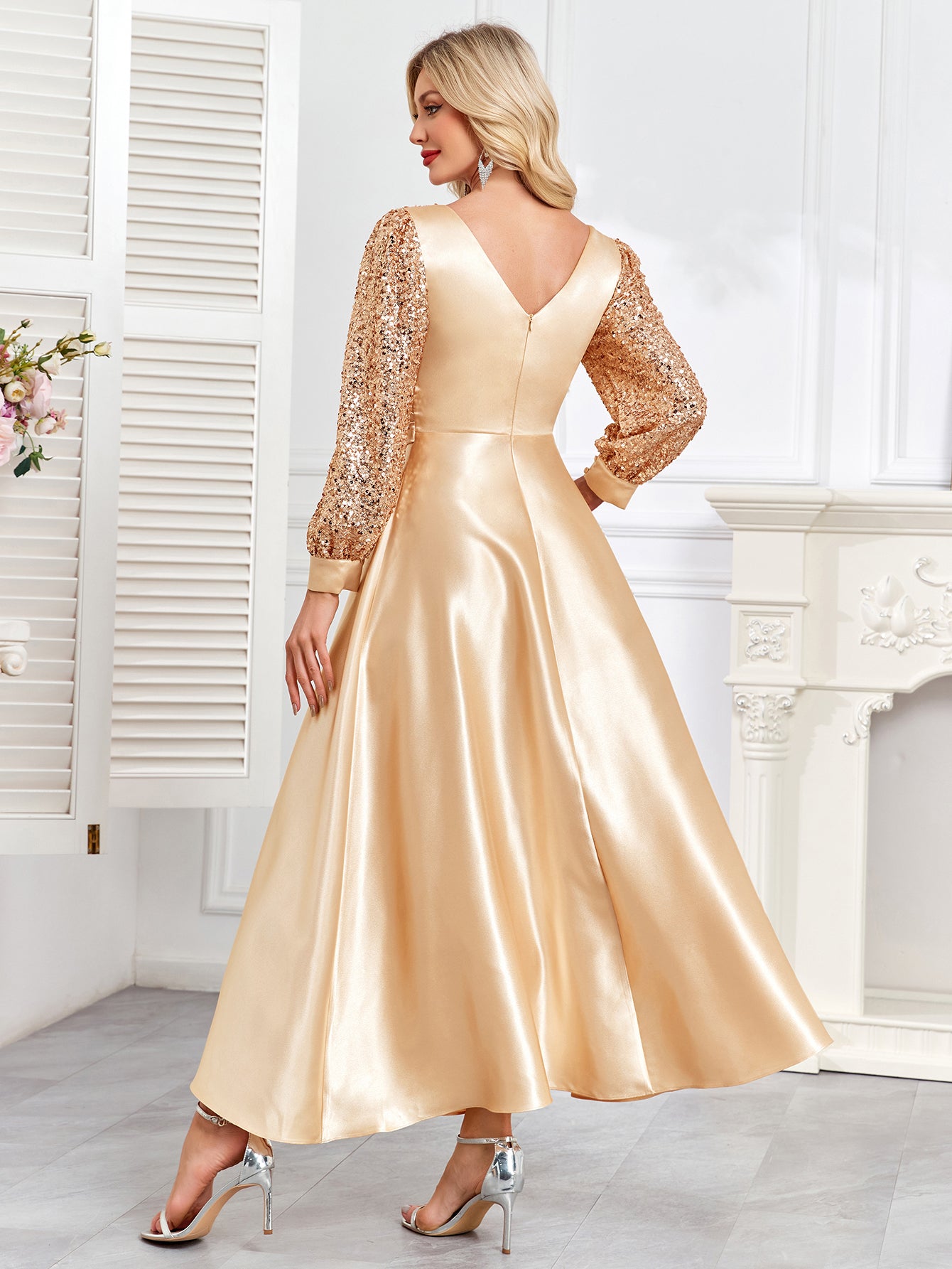Champagne Satin Sequin Lantern Sleeve A‑Line Evening Gown