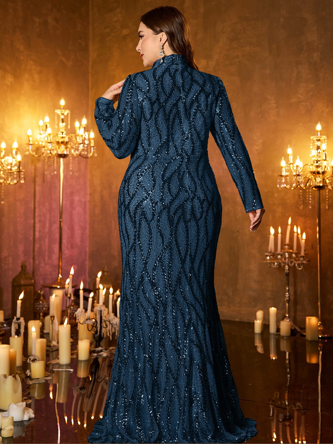 Champagne Rose Gold Pattern Sequin High‑Neck Plus‑Size Mermaid Formal Dress