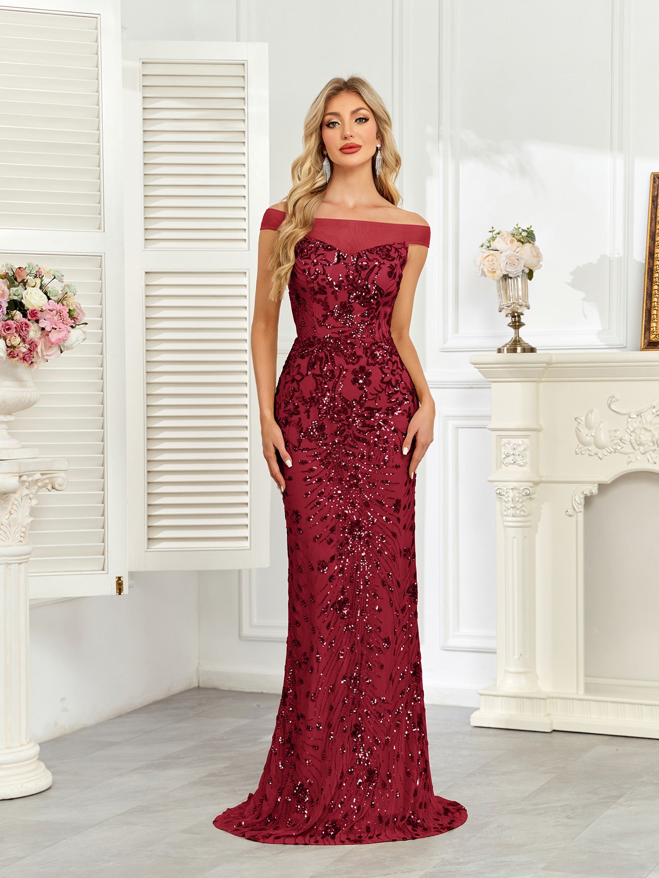 Royal Blue Sequin Off‑Shoulder Mermaid Evening Gown