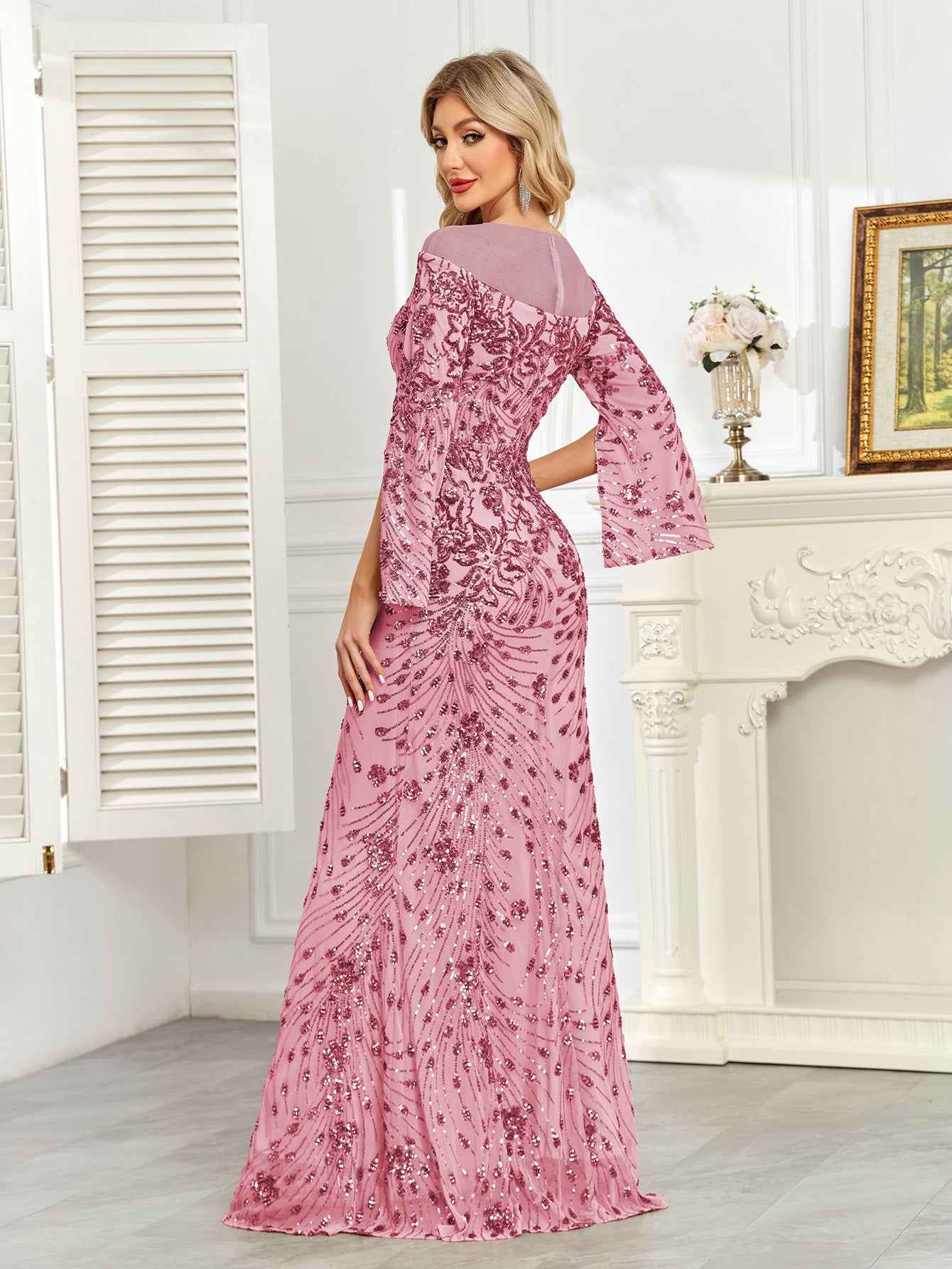 Royal Blue Sequin Split Flare‑Sleeve Mermaid Evening Gown