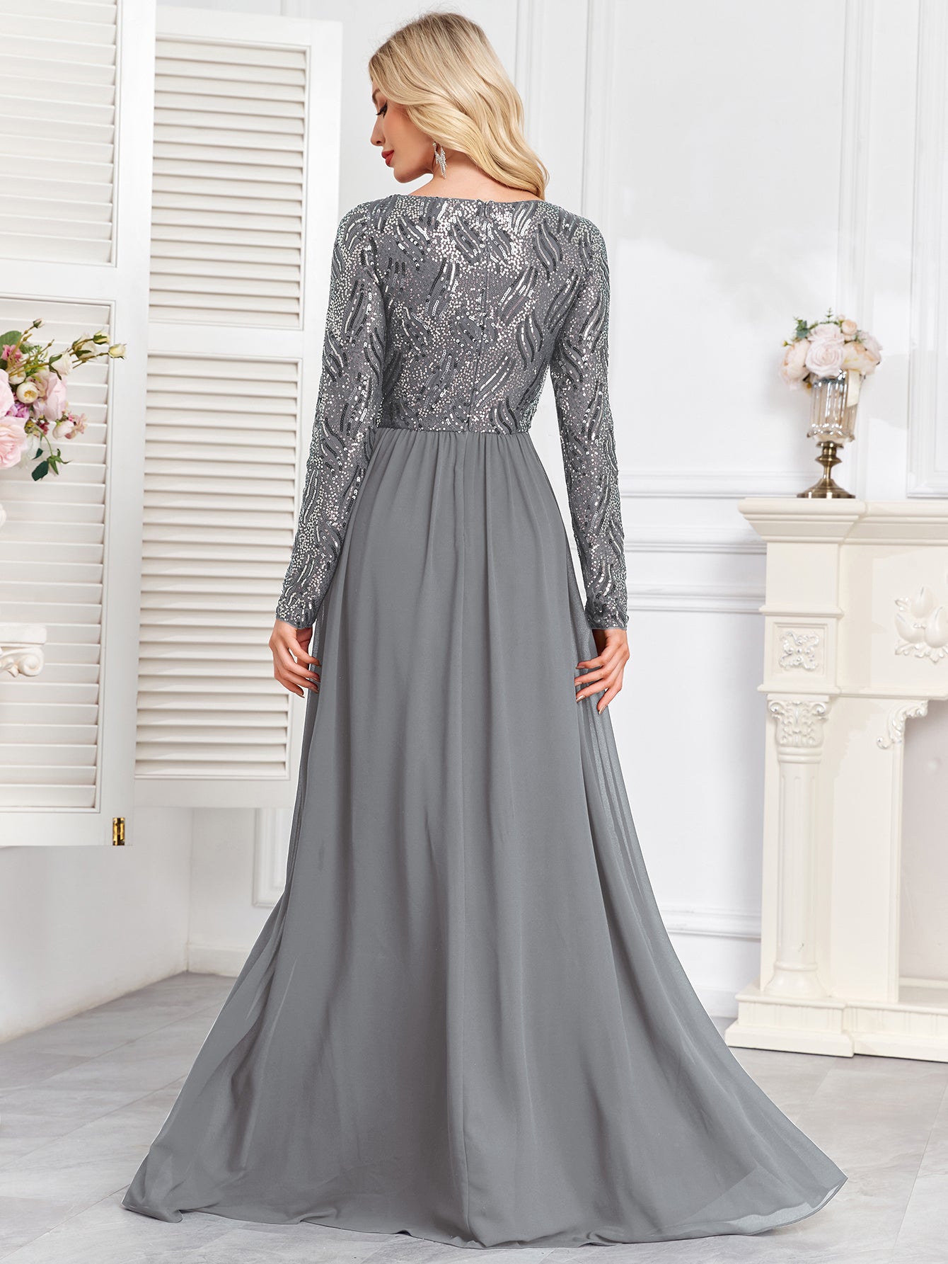 Navy Blue Multicolor Sequin Long Sleeve A‑Line Evening Gown