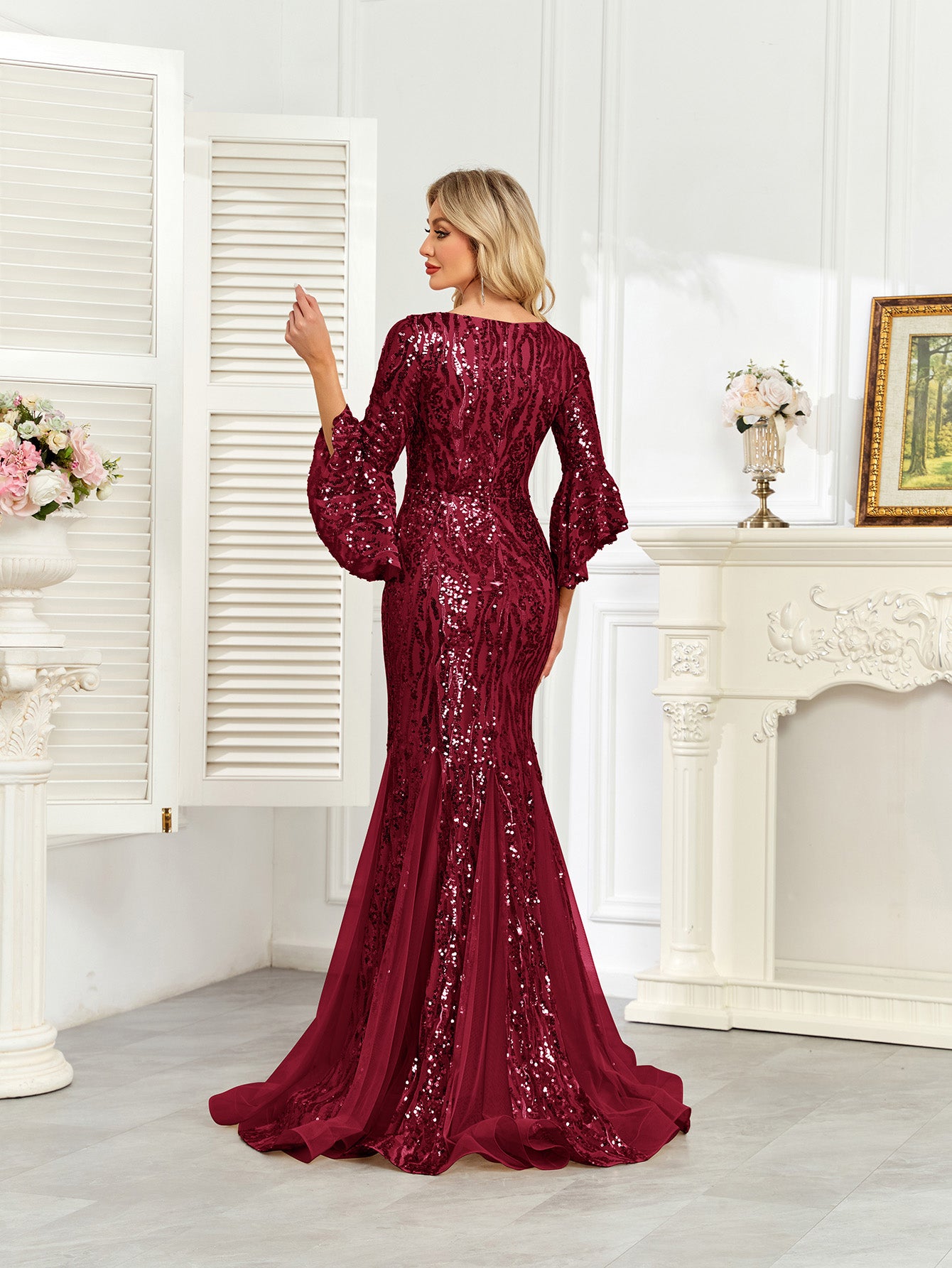 Champagne Gold Sequin Bell Sleeve Mermaid Evening Gown