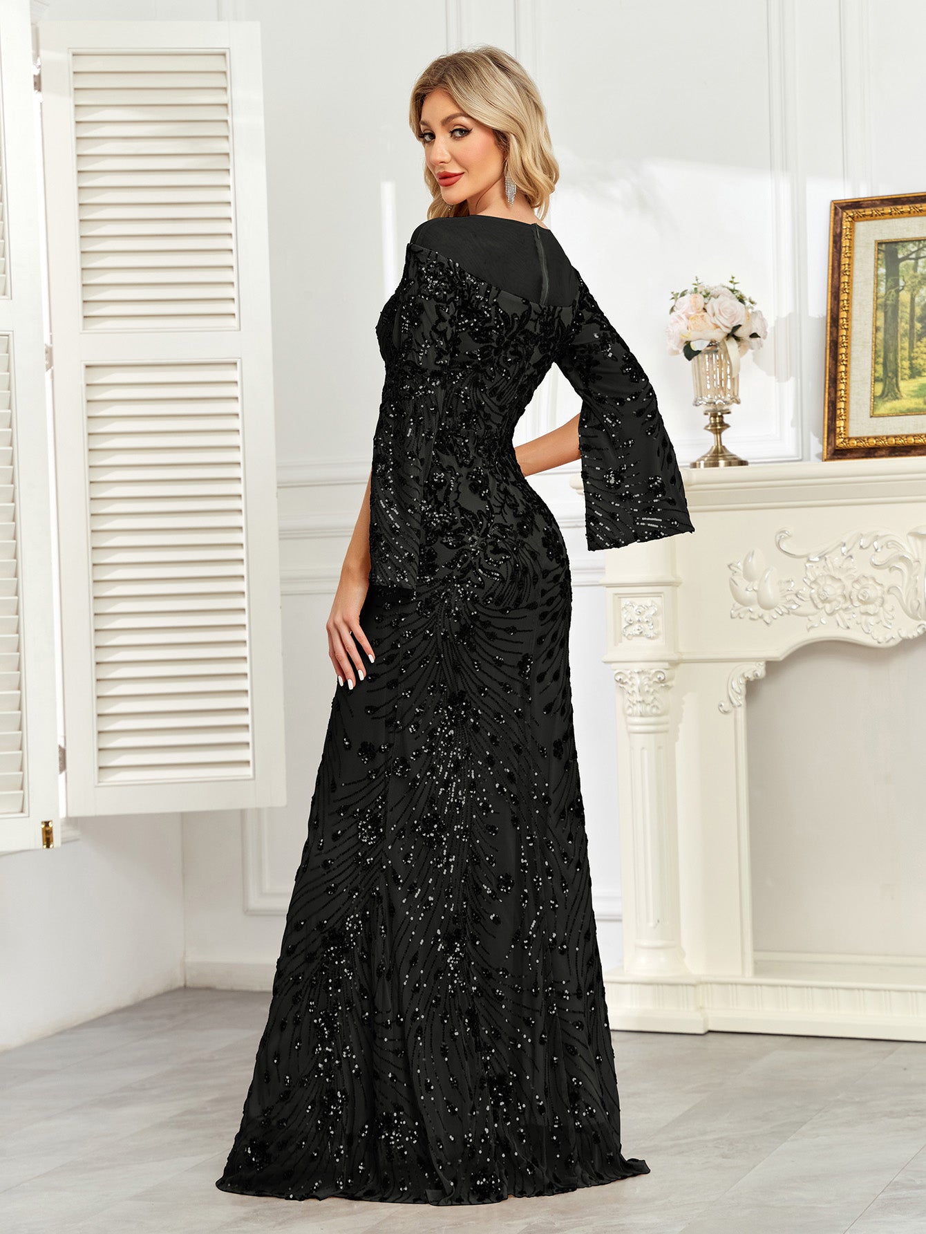 Royal Blue Sequin Split Flare‑Sleeve Mermaid Evening Gown