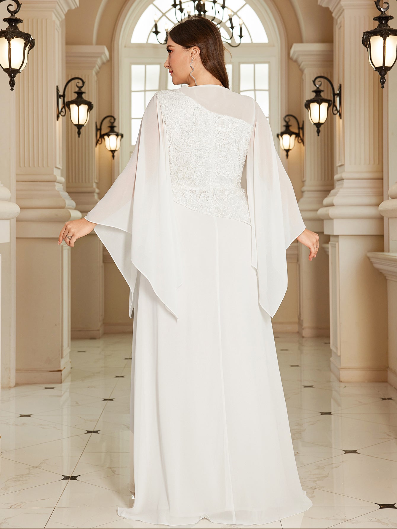 White Lace Cape‑Sleeve High‑Waist Slit A‑Line Maxi Gown