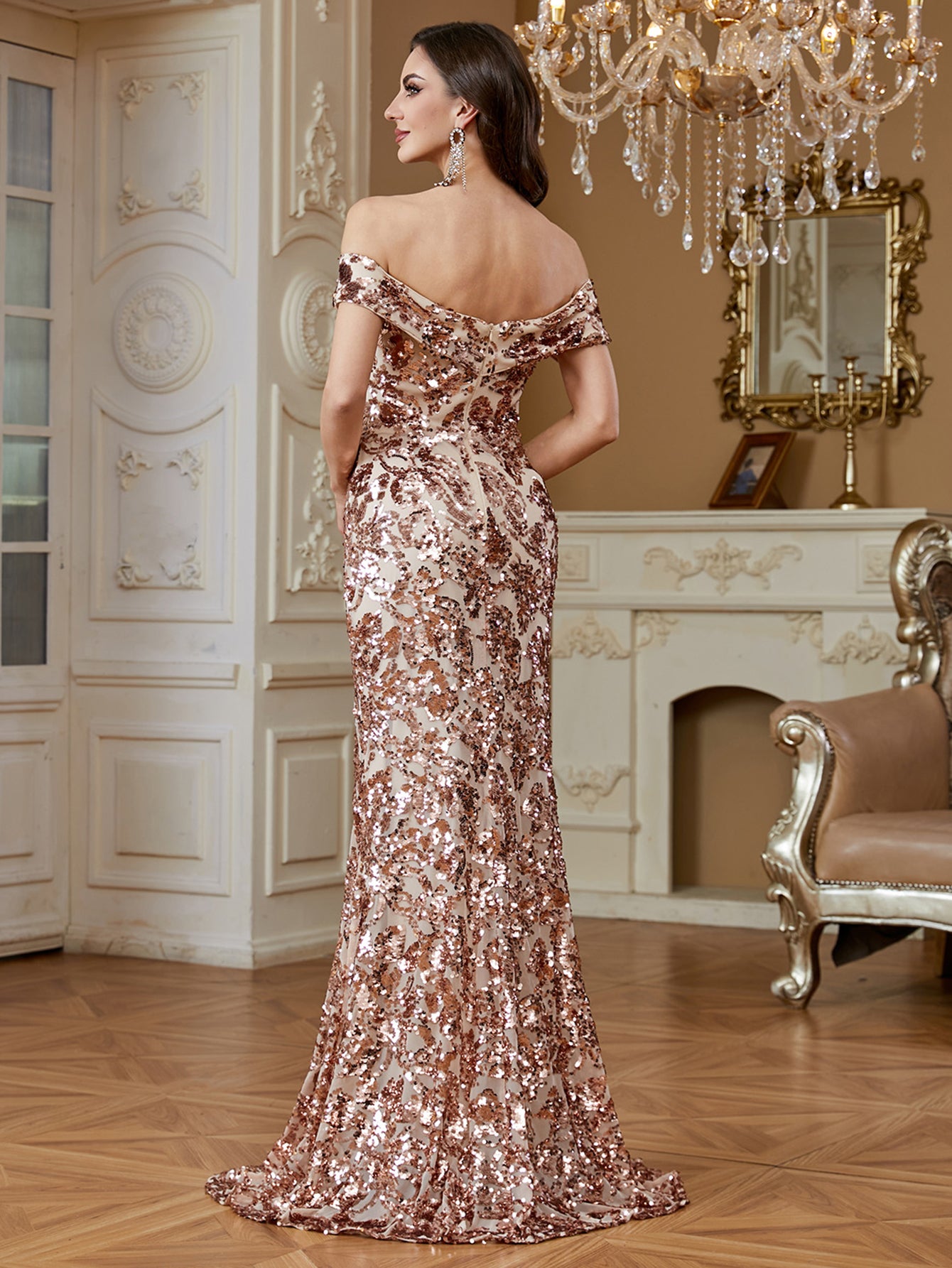 Elegant sequined patchwork design with open back Zippered backless design