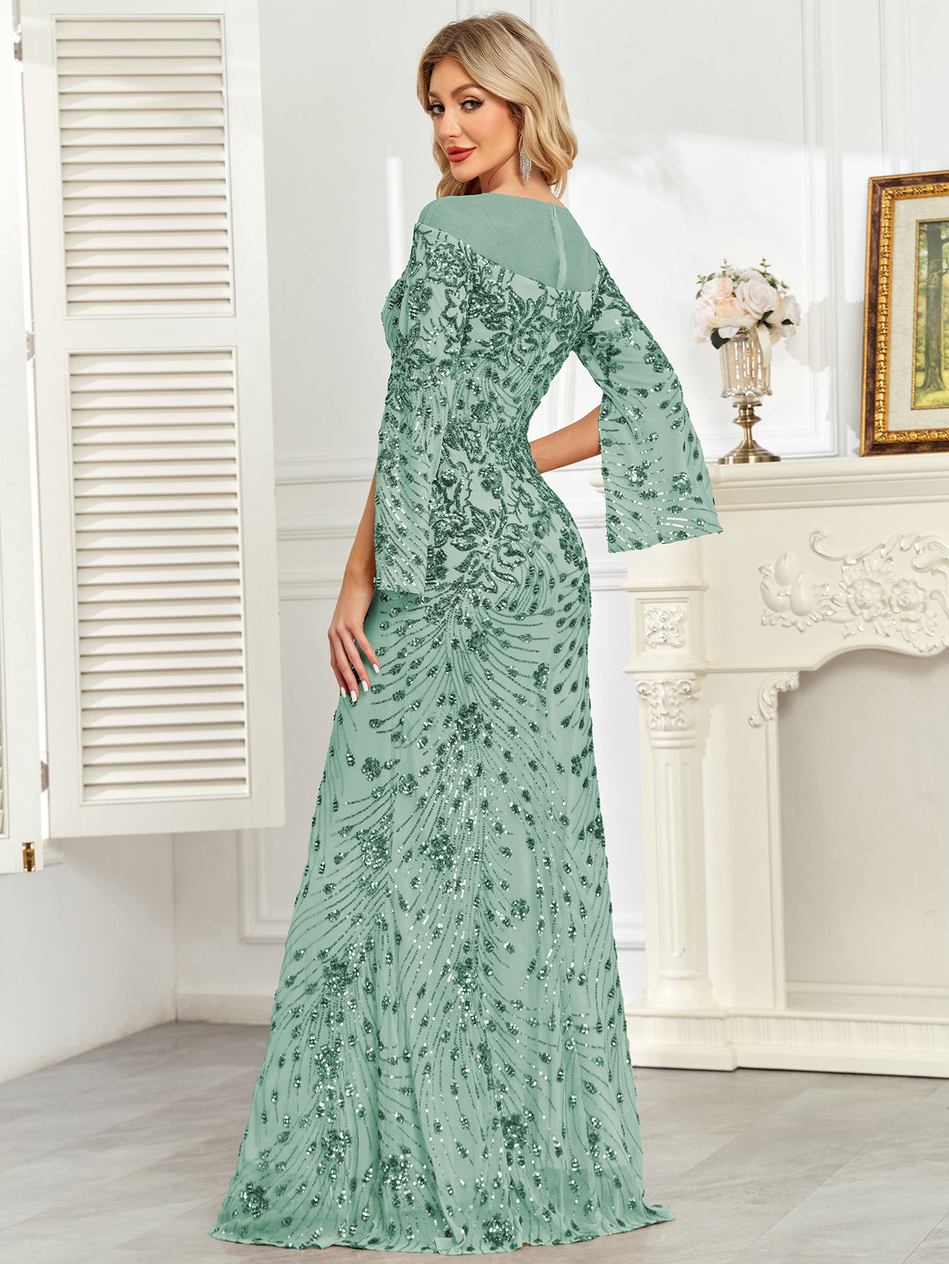 Royal Blue Sequin Split Flare‑Sleeve Mermaid Evening Gown