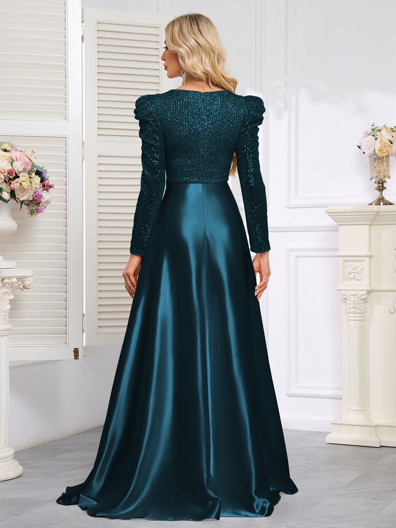 Dark Blue Satin Sequin Maxi Dress