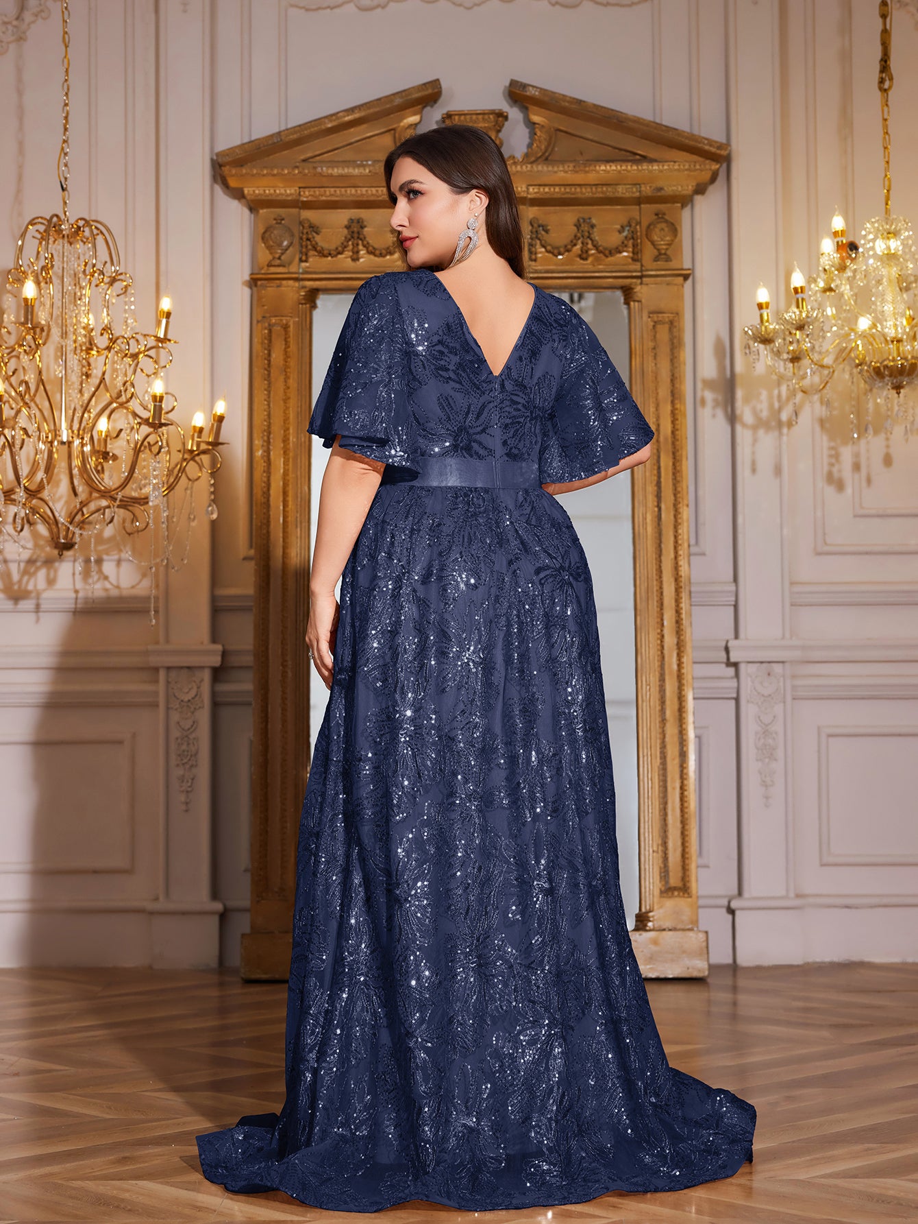 Rose Gold Sequin Flutter Sleeve Empire Waist A‑Line Plus Size Evening Gown