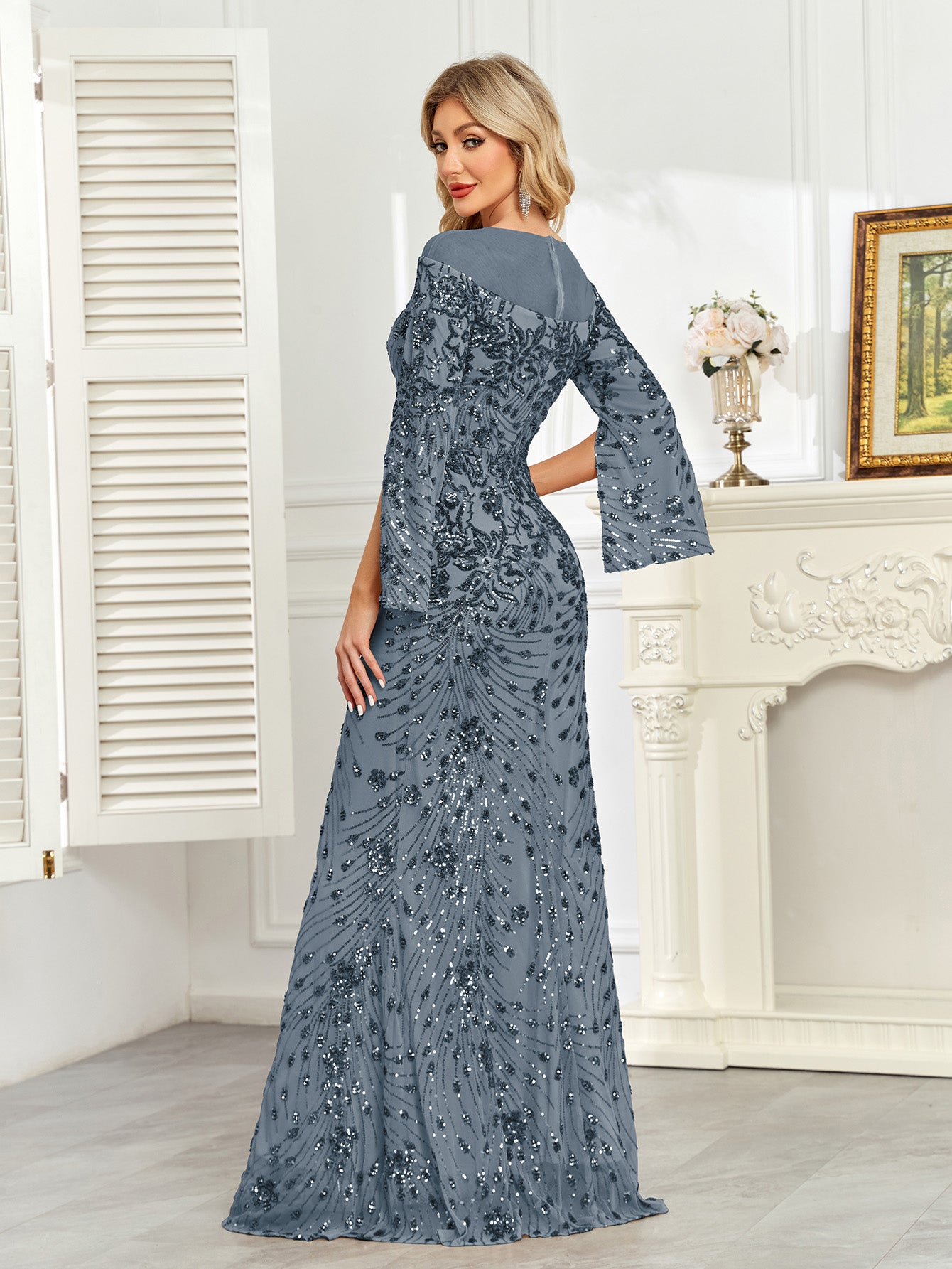 Royal Blue Sequin Split Flare‑Sleeve Mermaid Evening Gown