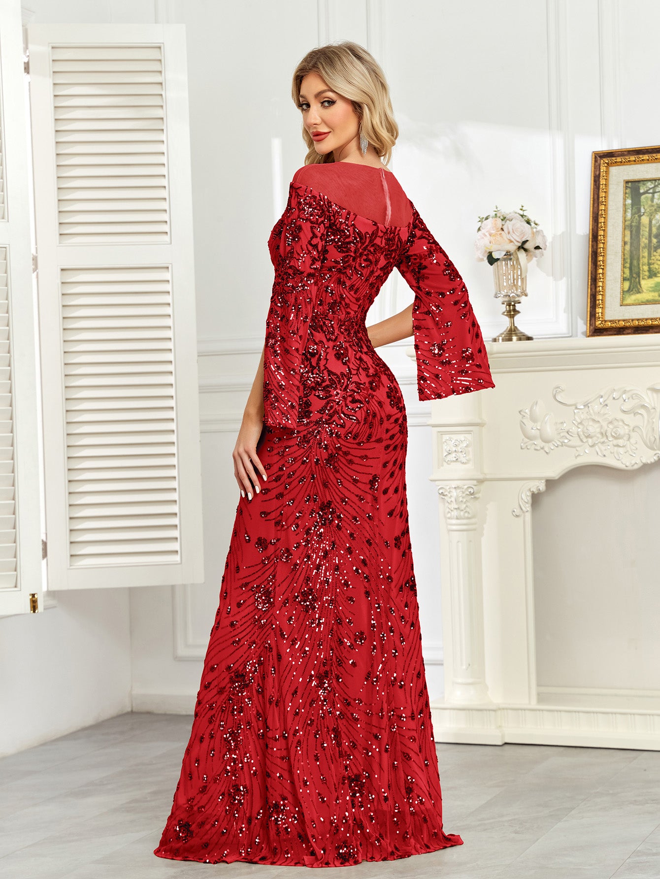 Royal Blue Sequin Split Flare‑Sleeve Mermaid Evening Gown