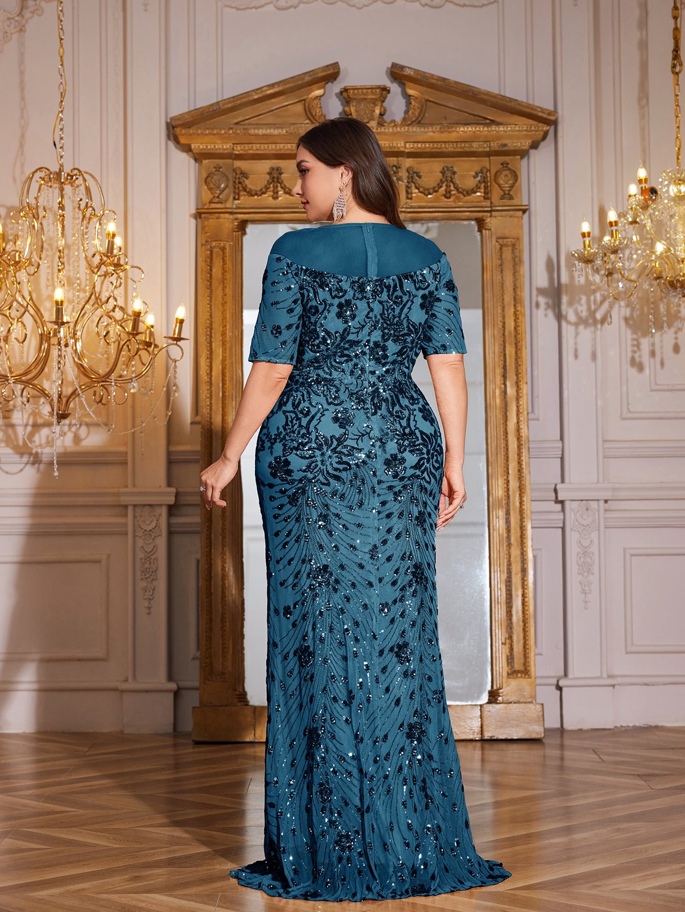 Teal Green Sequin Short Sleeve Mermaid Plus Size Evening Gown